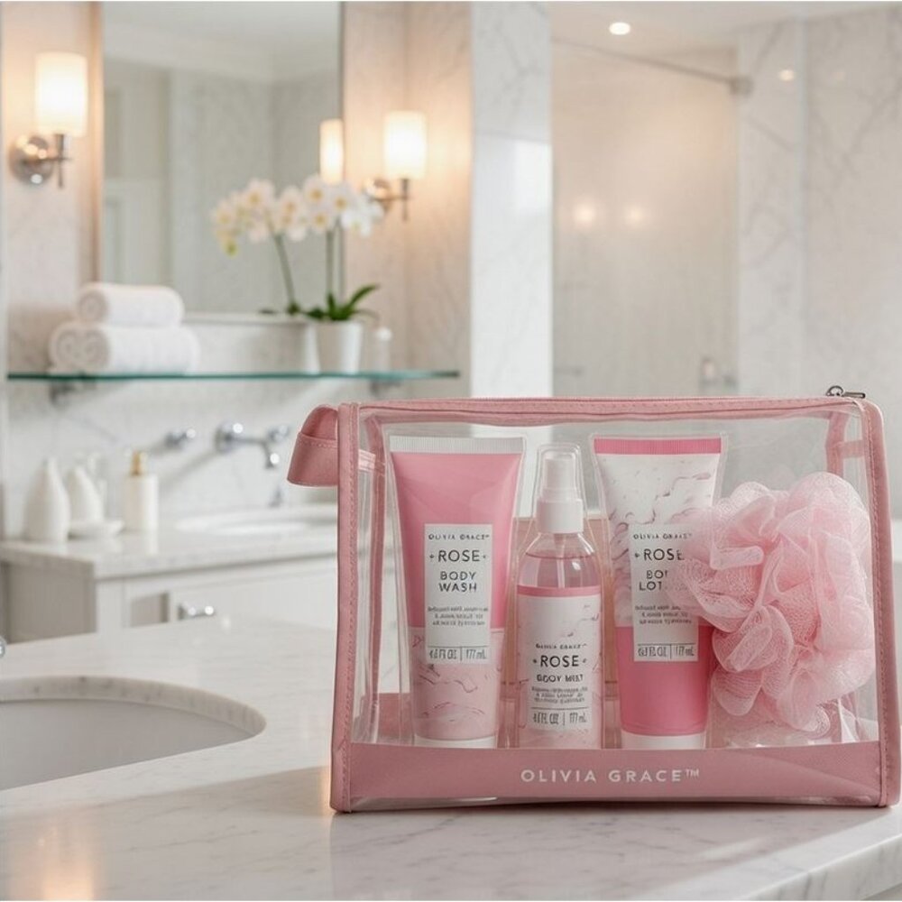 Olivia Grace Rose Scent 4 Pc Bath Collection W/ Mesh Bag Scrub Lotion Wash Mist